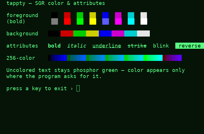 tappty rendering an ANSI color and SGR-attribute chart