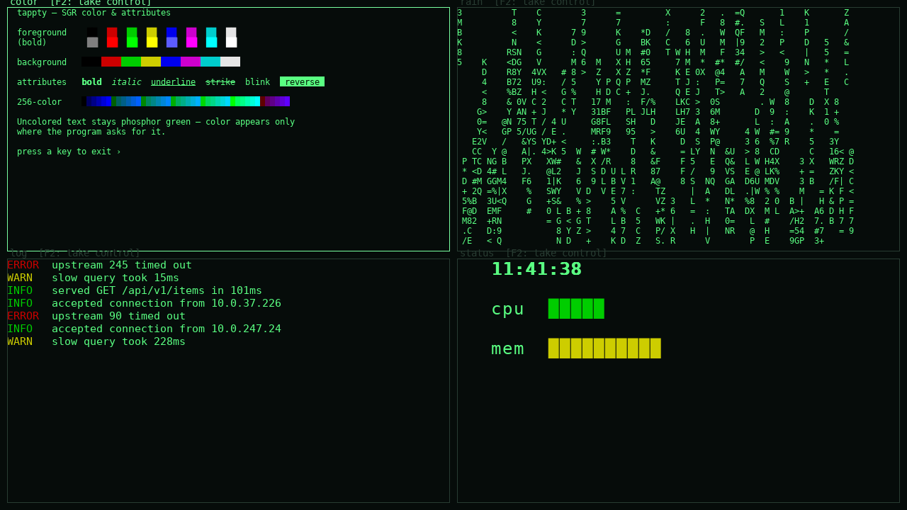 tappty compositor tiling four live terminal sessions in one window