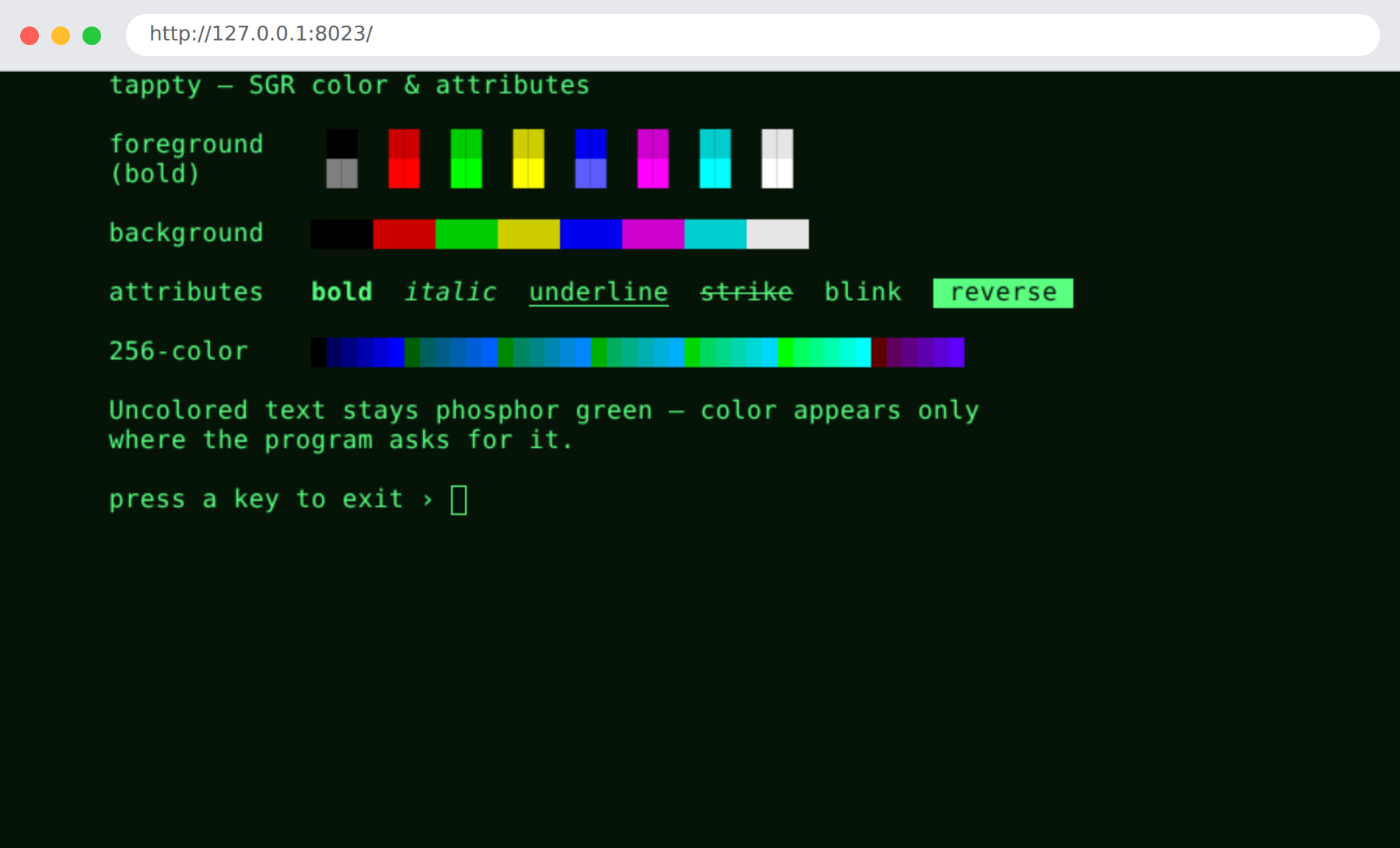 the tappty web renderer painting the SGR color chart in a browser tab